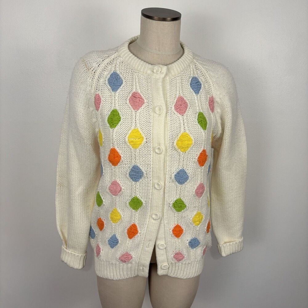 VTG 70s Handknit Womens M Multicolored Knit Diamond Sweater Cardigan READ